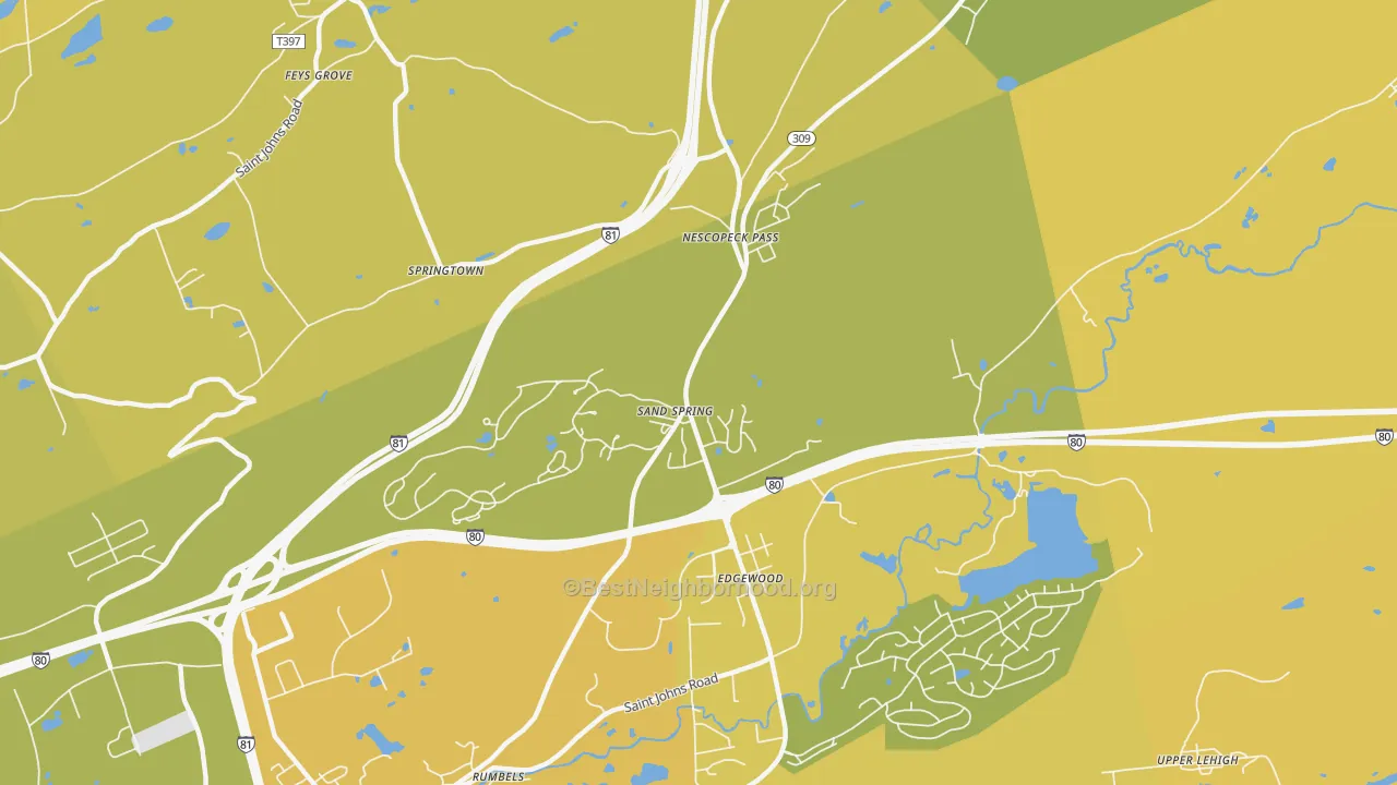 Map of the best neighborhoods in the Sand Spring area, with better matches in green and worse matches in red