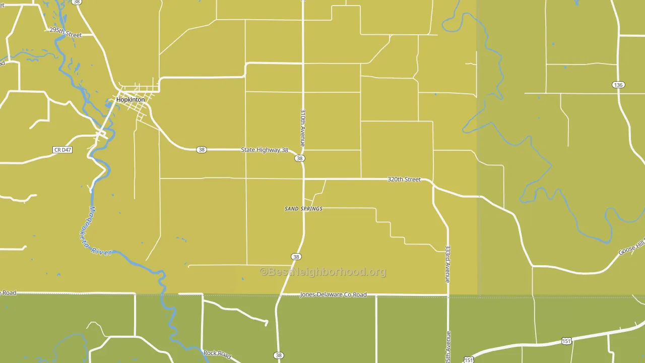 Map of the best neighborhoods in the Sand Springs area, with better matches in green and worse matches in red