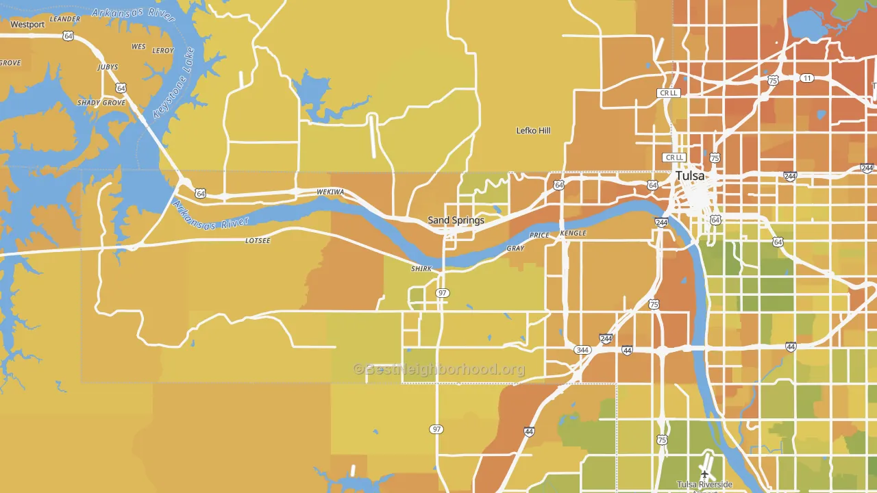 Map of the best neighborhoods in the Sand Springs area, with better matches in green and worse matches in red