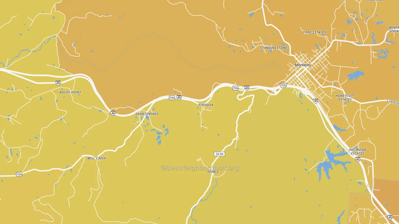 Map of the best neighborhoods in the Sand Springs area, with better matches in green and worse matches in red