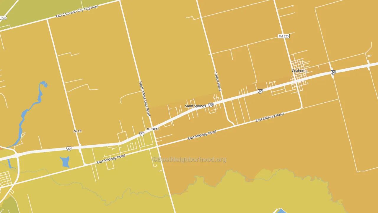 Map of the best neighborhoods in the Sand Springs area, with better matches in green and worse matches in red