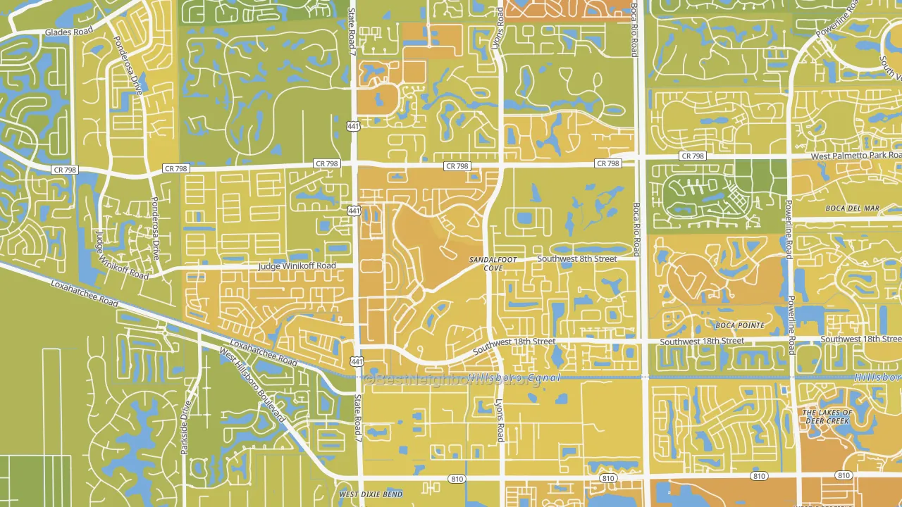 Map of the best neighborhoods in the Sandalfoot Cove, Boca Raton area, with better matches in green and worse matches in red