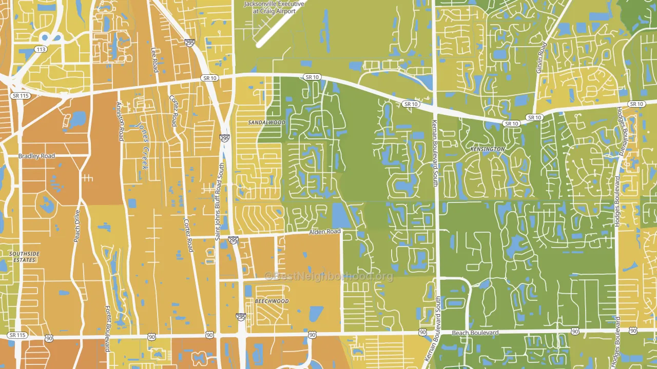 Map of the best neighborhoods in the Sandalwood, Jacksonville area, with better matches in green and worse matches in red