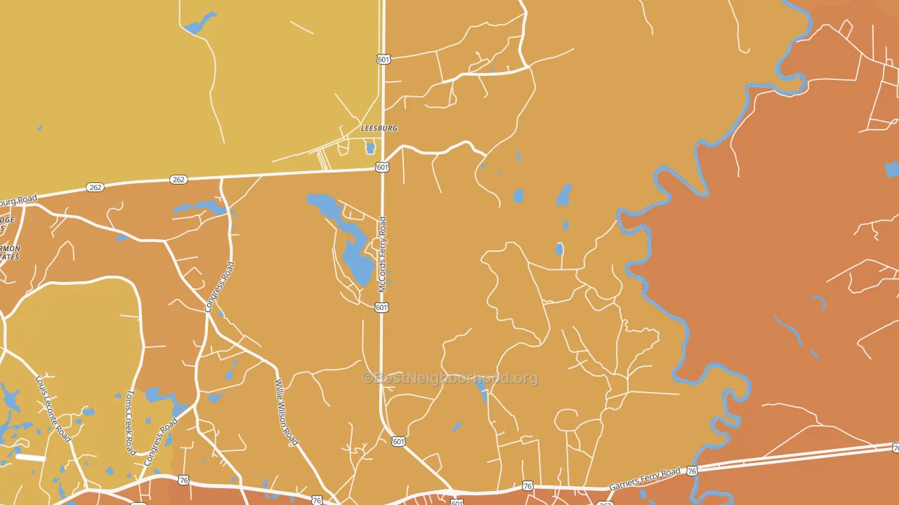 Map of the best neighborhoods in the Sanders Corner area, with better matches in green and worse matches in red