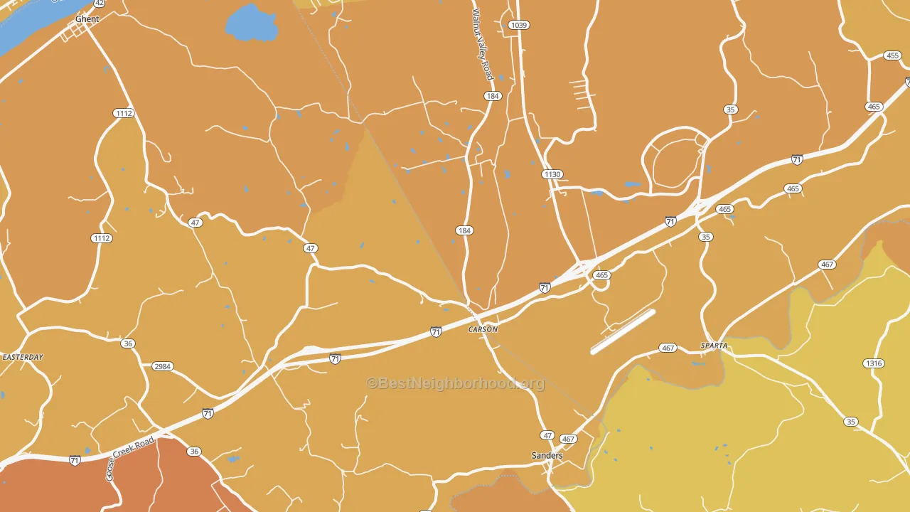 Map of the best neighborhoods in the Sanders area, with better matches in green and worse matches in red
