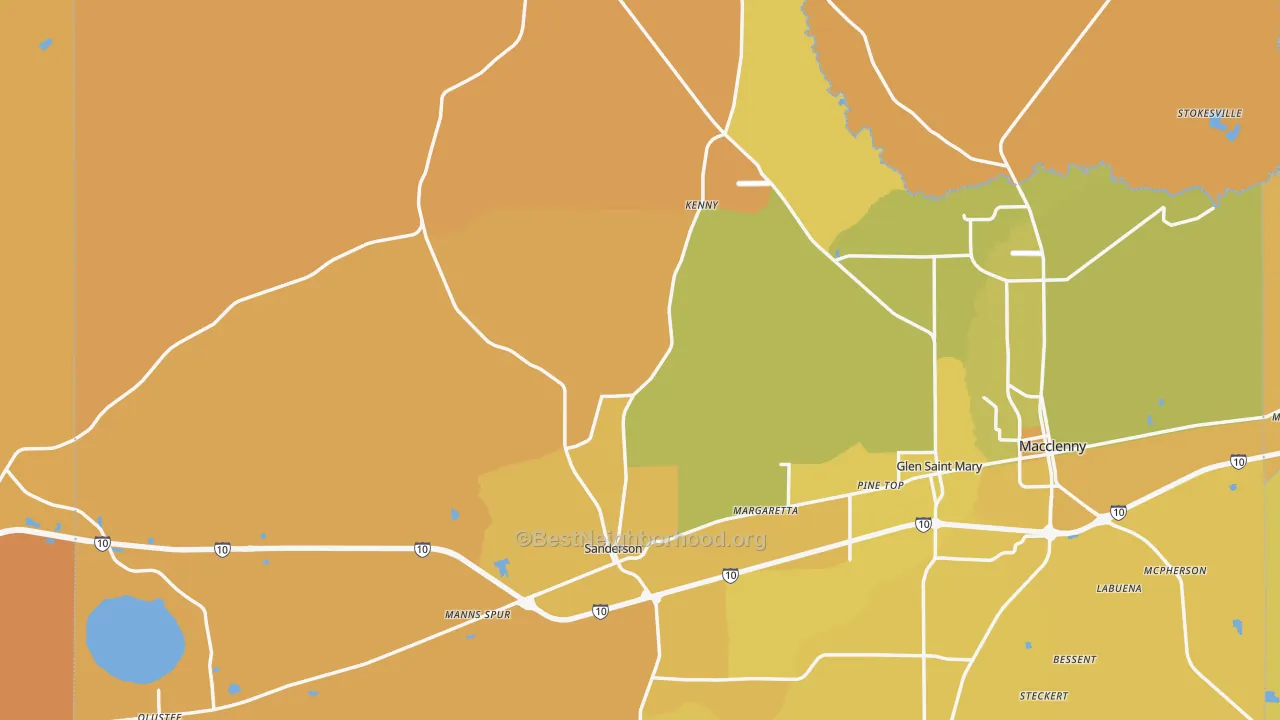 Map of the best neighborhoods in the Sanderson area, with better matches in green and worse matches in red