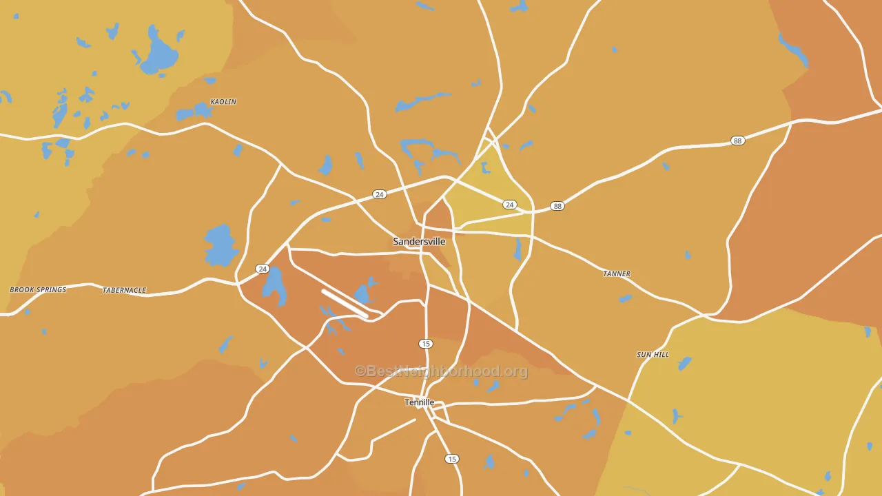 Map of the best neighborhoods in the Sandersville area, with better matches in green and worse matches in red