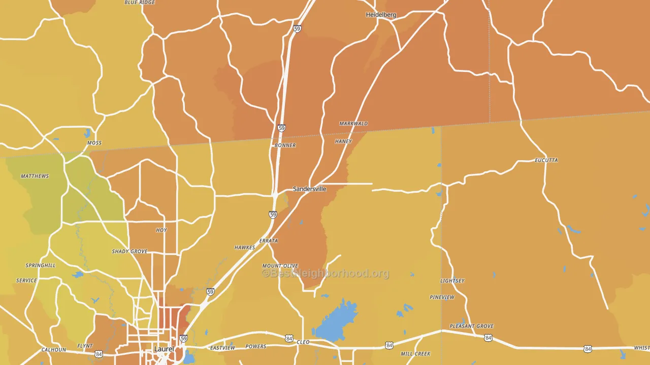 Map of the best neighborhoods in the Sandersville area, with better matches in green and worse matches in red