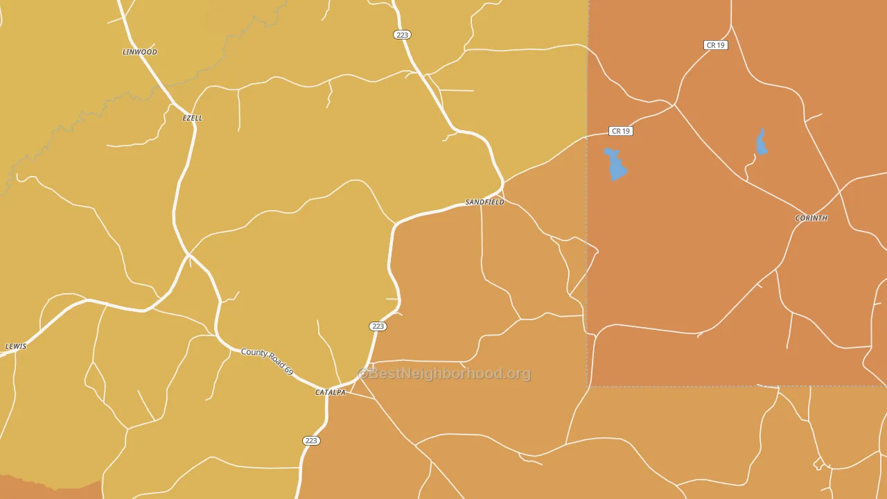Map of the best neighborhoods in the Sandfield area, with better matches in green and worse matches in red
