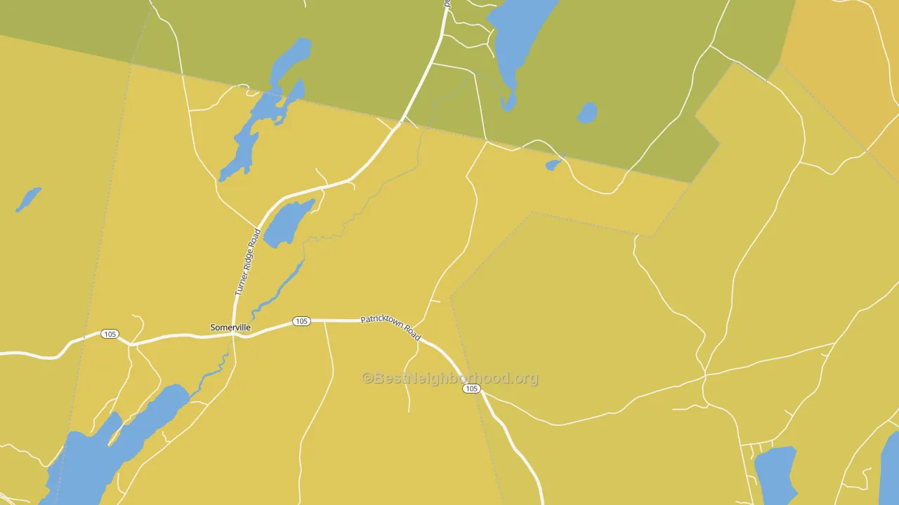 Map of the best neighborhoods in the Sandhill Corner area, with better matches in green and worse matches in red