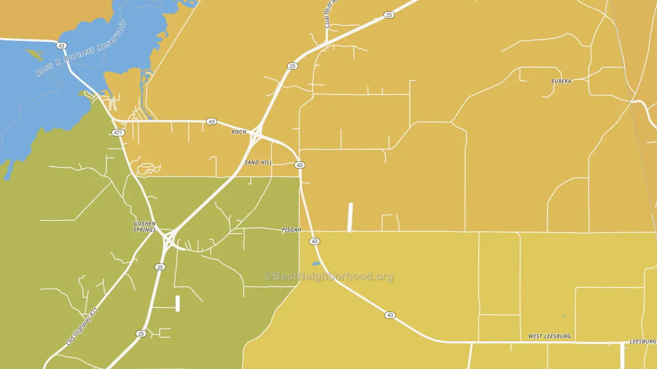 Map of the best neighborhoods in the Sandhill area, with better matches in green and worse matches in red