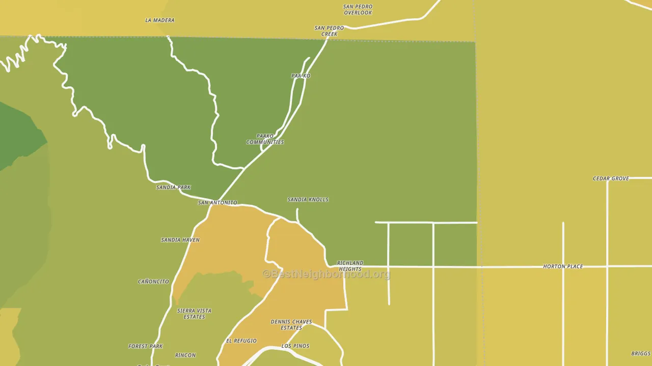 Map of the best neighborhoods in the Sandia Park area, with better matches in green and worse matches in red