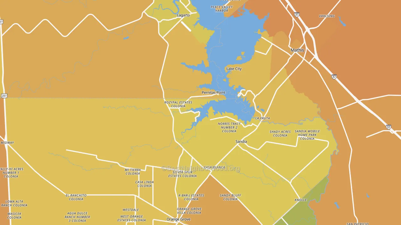 Map of the best neighborhoods in the Sandia area, with better matches in green and worse matches in red