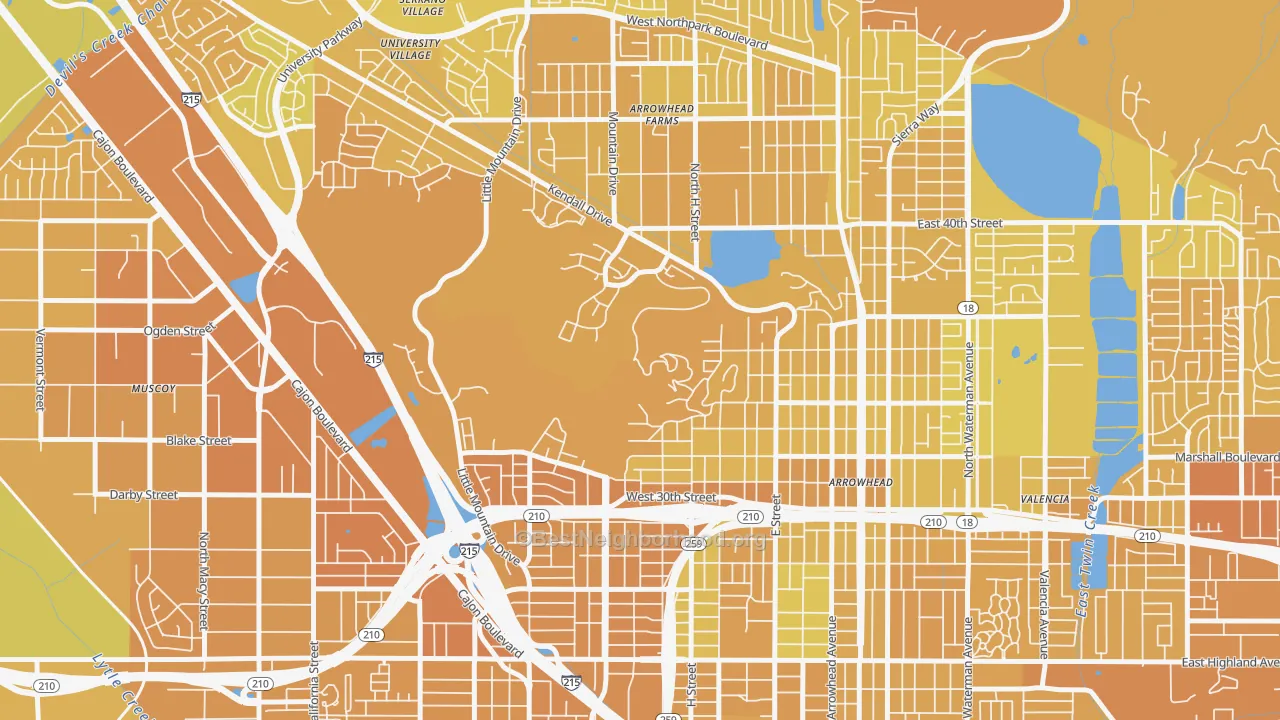 Map of the best neighborhoods in the Sandin Hills, San Bernardino area, with better matches in green and worse matches in red