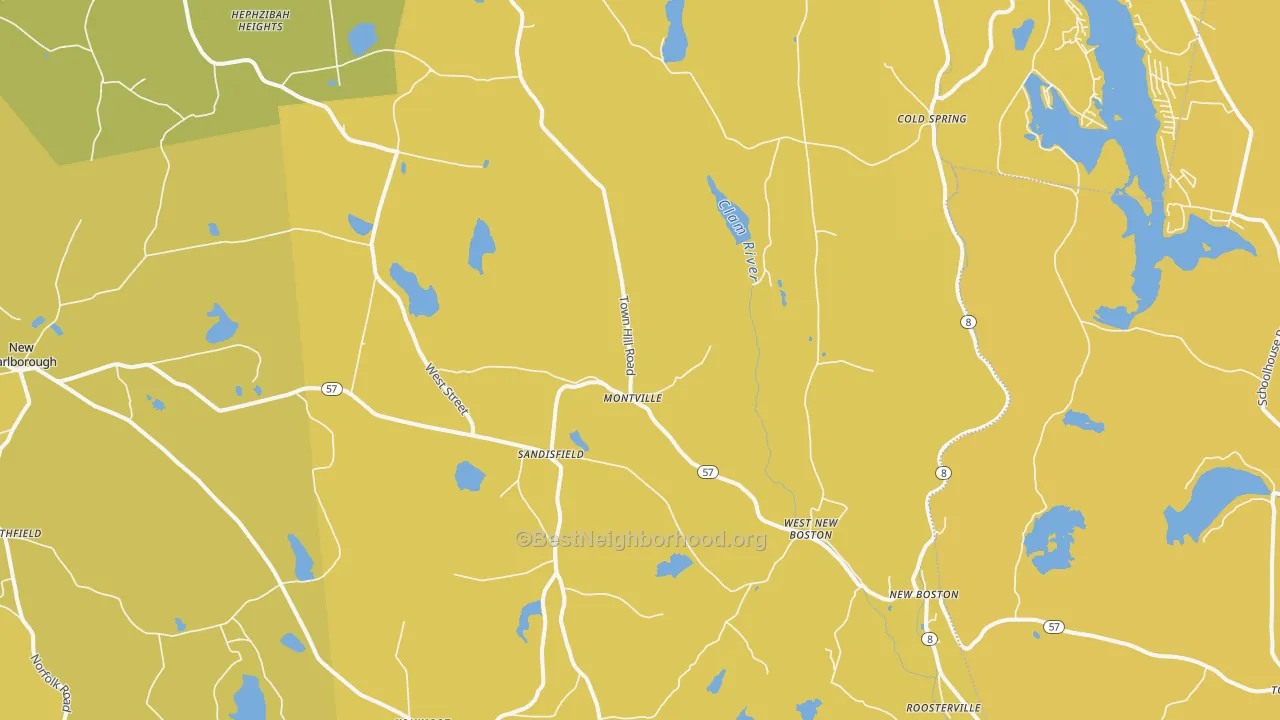 Map of the best neighborhoods in the Sandisfield area, with better matches in green and worse matches in red