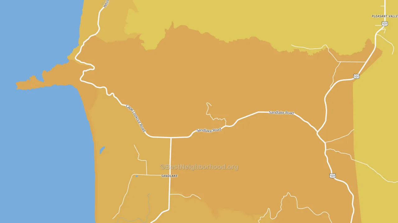 Map of the best neighborhoods in the Sandlake area, with better matches in green and worse matches in red