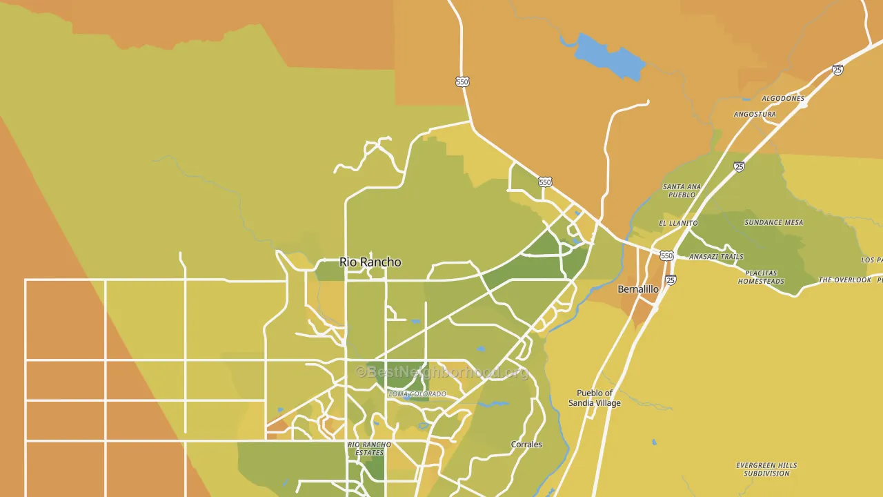 Map of the best neighborhoods in the Sandoval County area, with better matches in green and worse matches in red