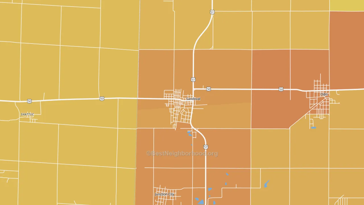 Map of the best neighborhoods in the Sandoval area, with better matches in green and worse matches in red
