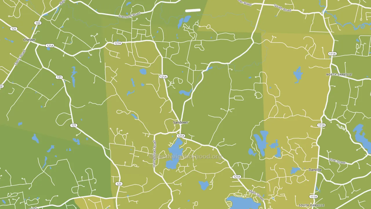 Map of the best neighborhoods in the Sandown area, with better matches in green and worse matches in red