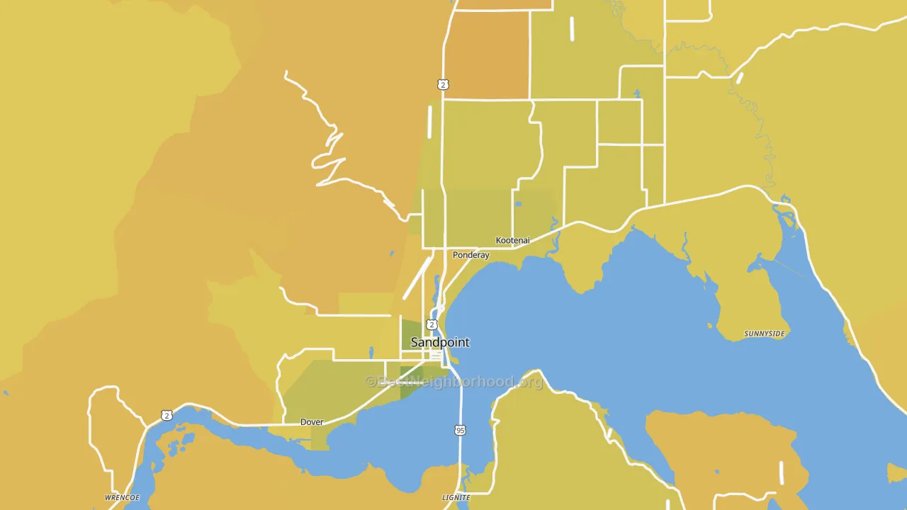 Map of the best neighborhoods in the Sandpoint area, with better matches in green and worse matches in red