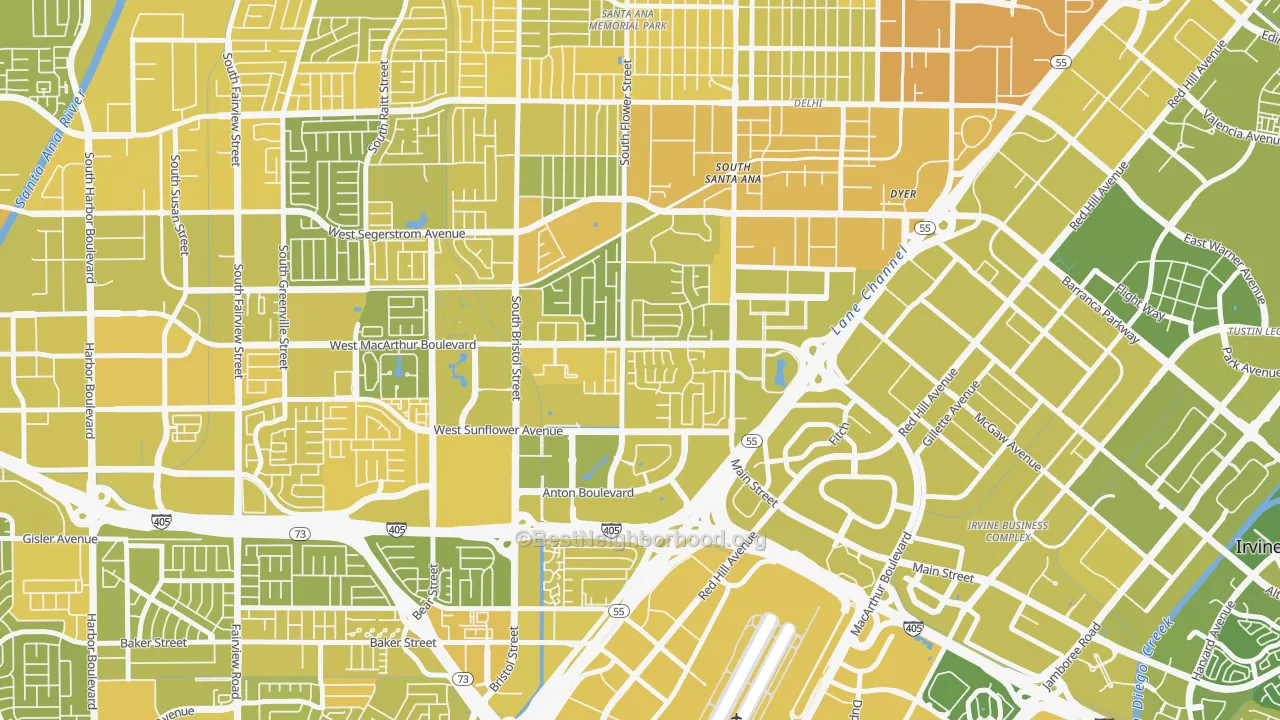 Map of the best neighborhoods in the Sandpointe, Santa Ana area, with better matches in green and worse matches in red