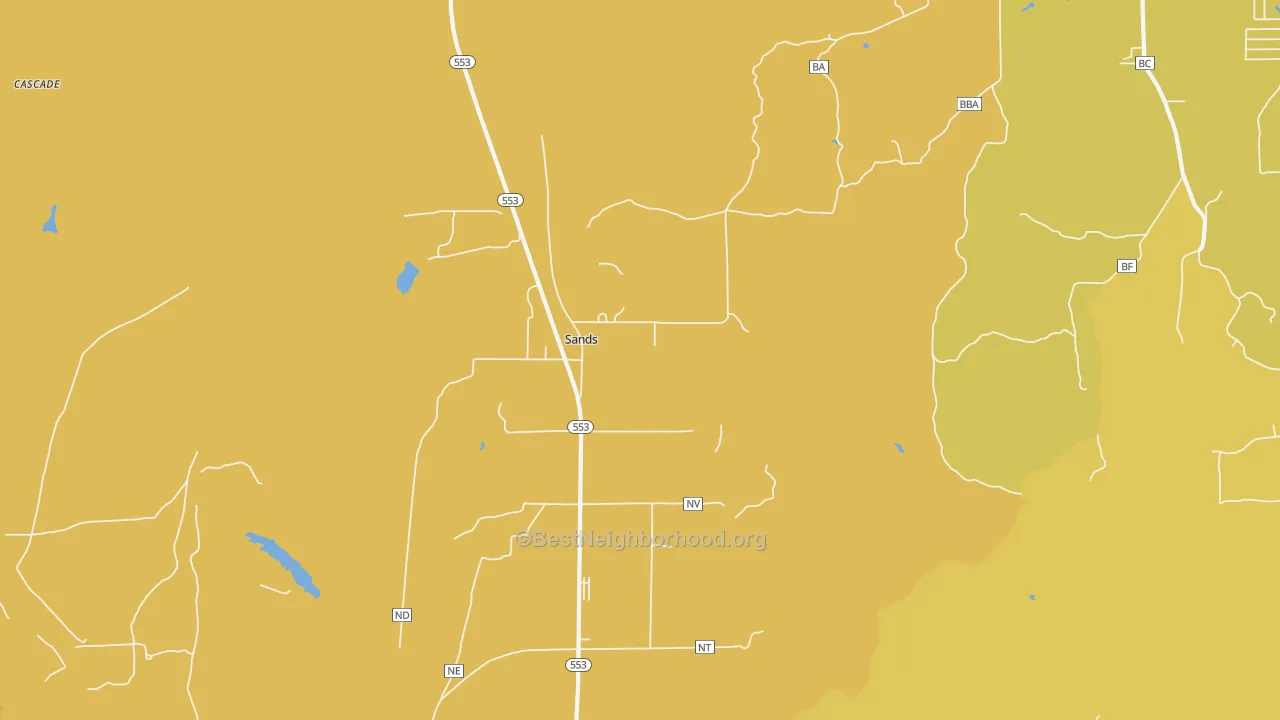 Map of the best neighborhoods in the Sands area, with better matches in green and worse matches in red