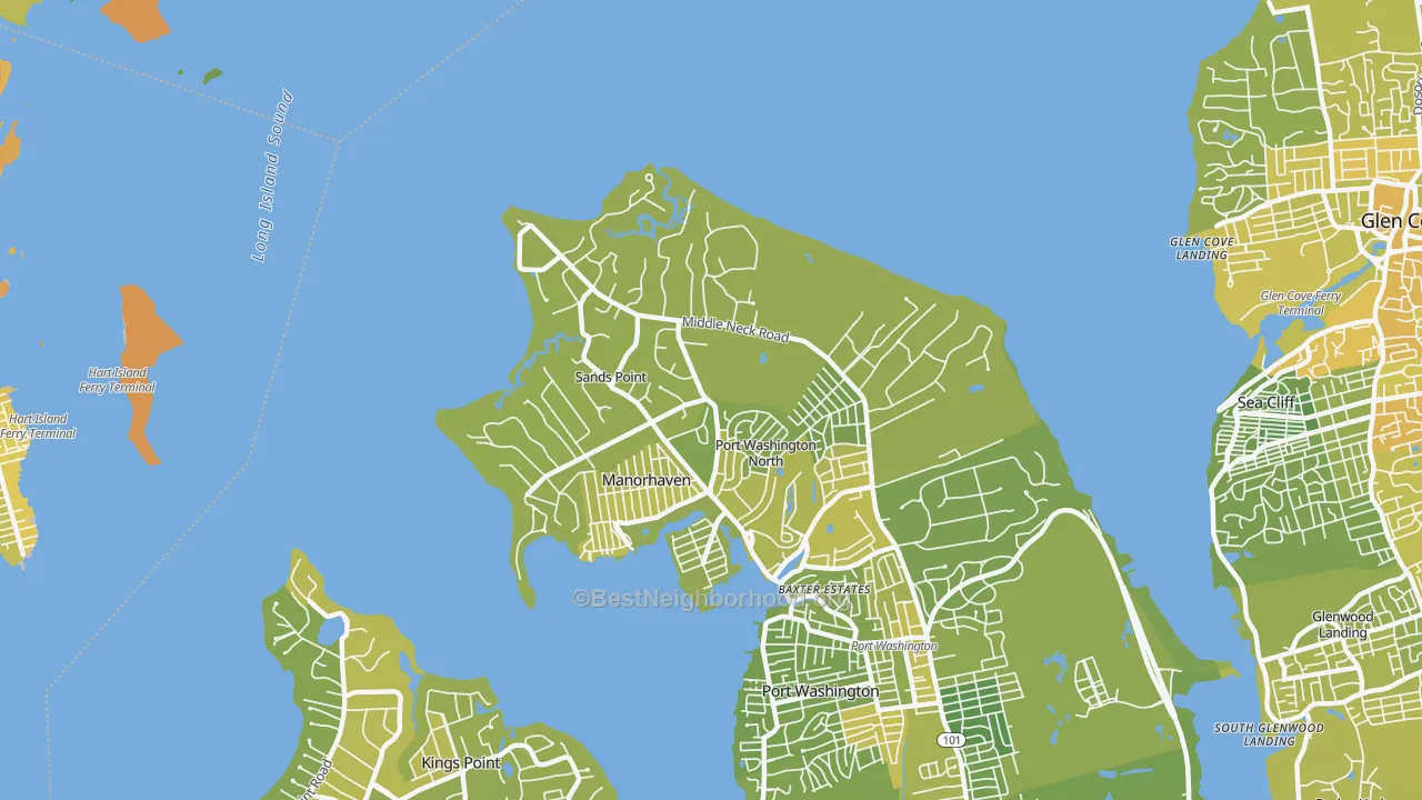 Map of the best neighborhoods in the Sands Point area, with better matches in green and worse matches in red