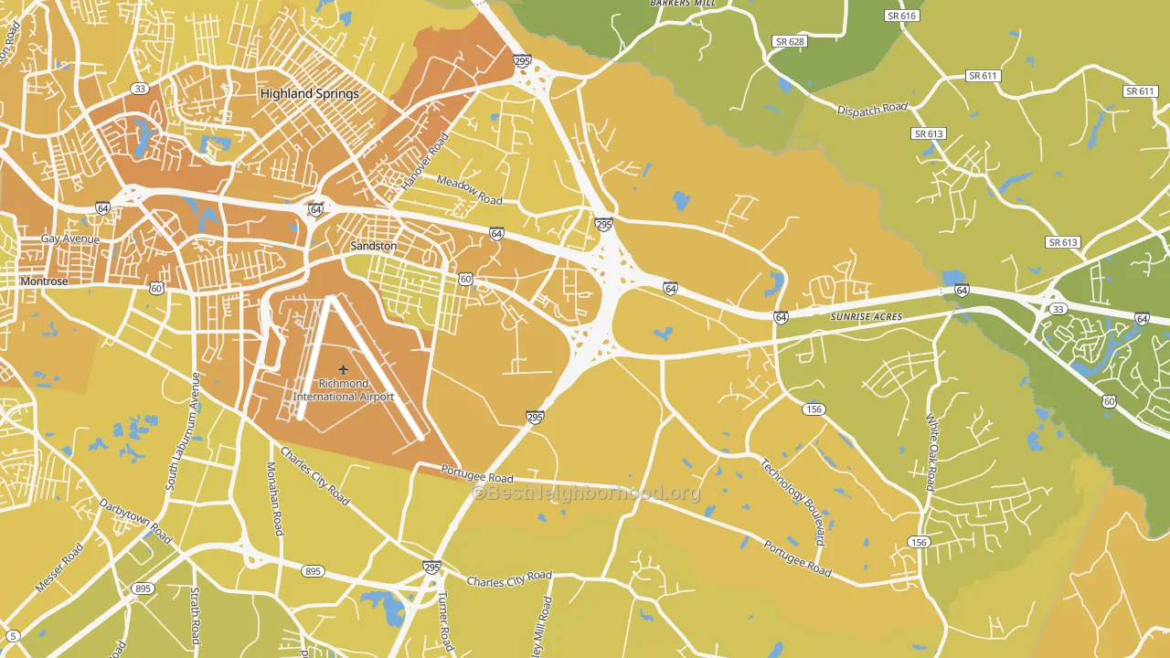 Map of the best neighborhoods in the Sandston area, with better matches in green and worse matches in red