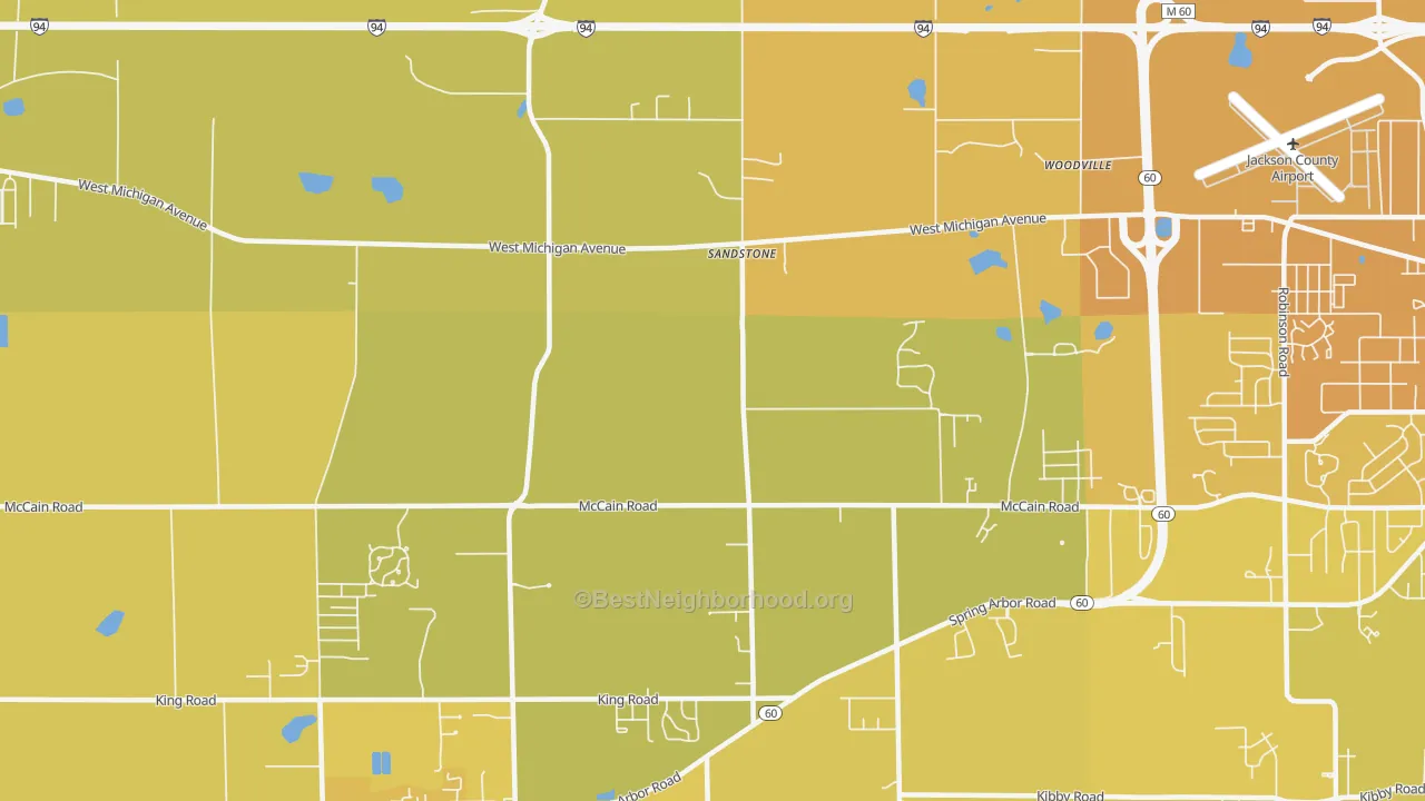 Map of the best neighborhoods in the Sandstone area, with better matches in green and worse matches in red
