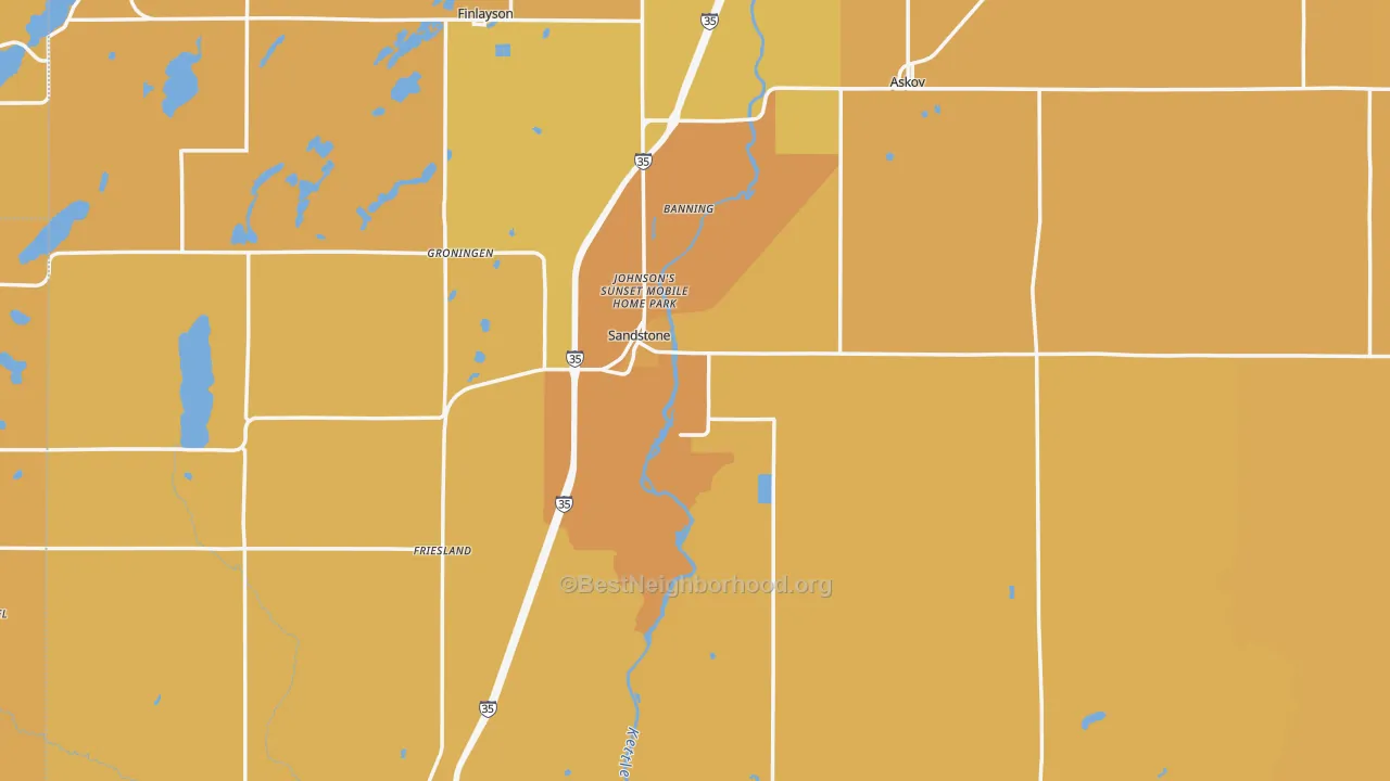 Map of the best neighborhoods in the Sandstone area, with better matches in green and worse matches in red