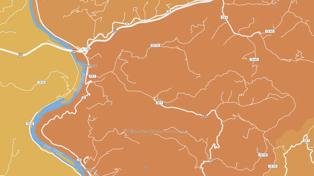 Map of the best neighborhoods in the Sandstone area, with better matches in green and worse matches in red