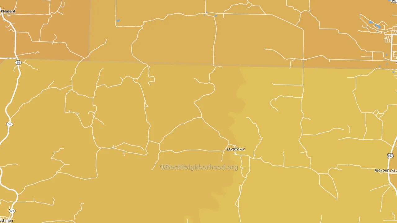 Map of the best neighborhoods in the Sandtown area, with better matches in green and worse matches in red