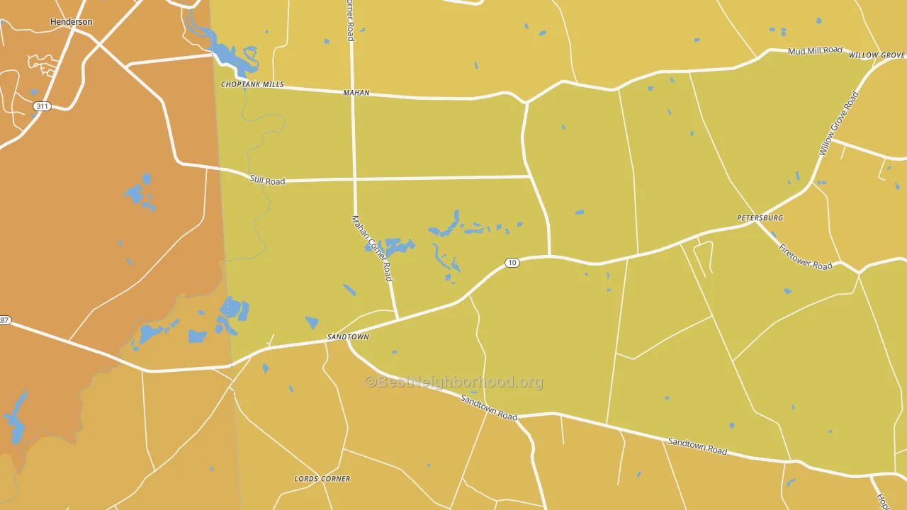 Map of the best neighborhoods in the Sandtown area, with better matches in green and worse matches in red