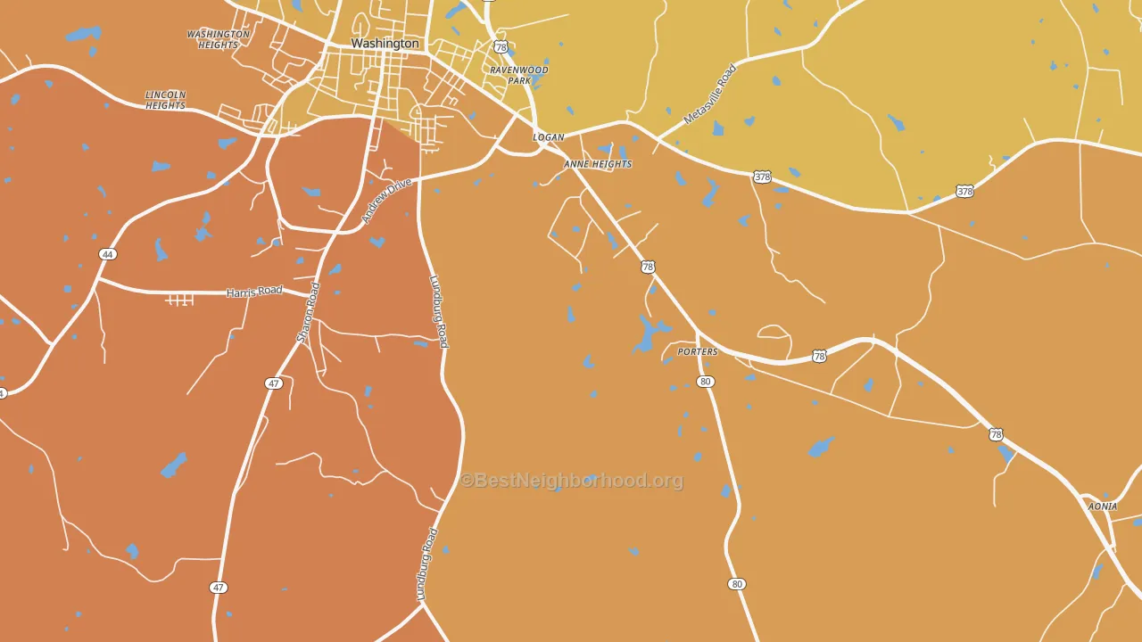 Map of the best neighborhoods in the Sandtown area, with better matches in green and worse matches in red