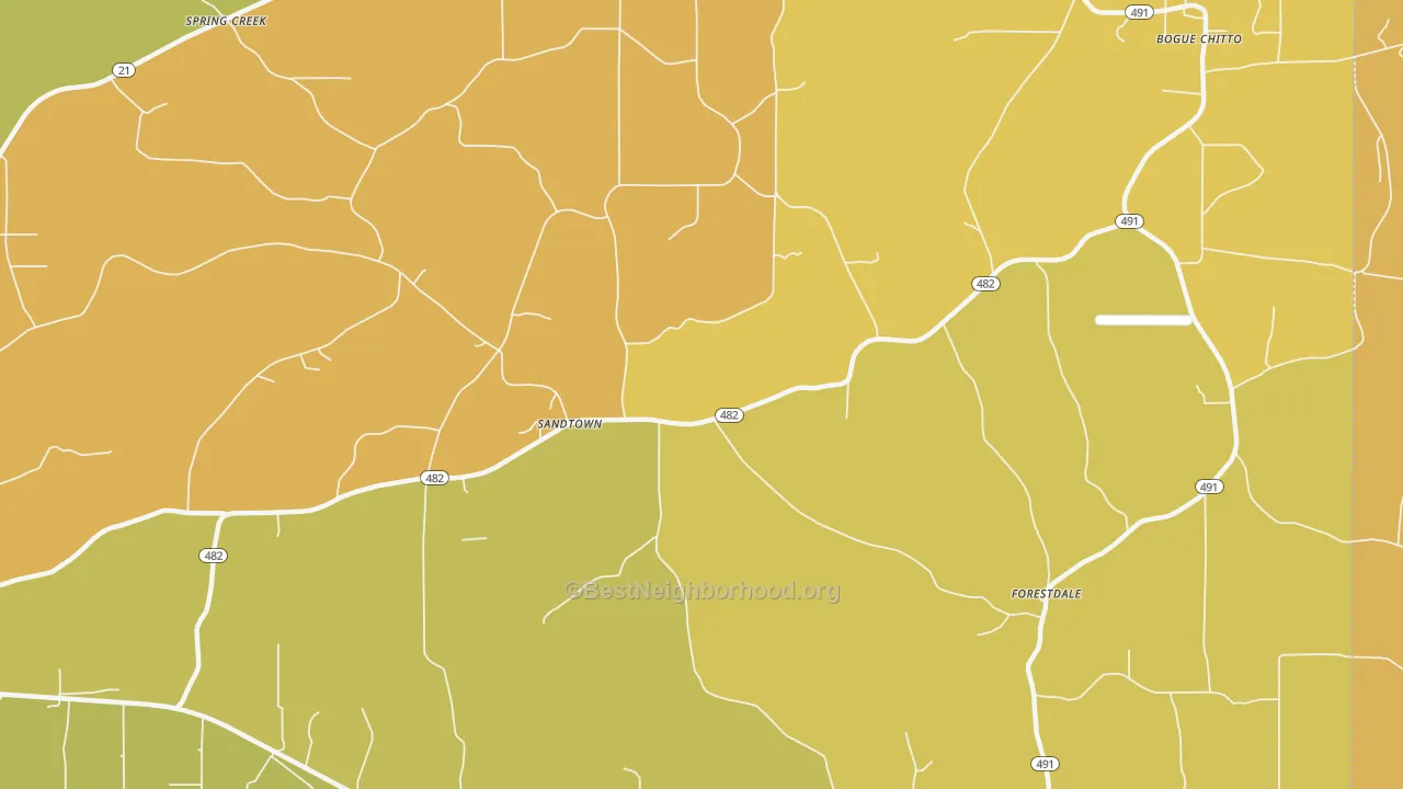 Map of the best neighborhoods in the Sandtown area, with better matches in green and worse matches in red