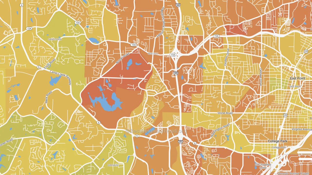 Map of the best neighborhoods in the Sandtown-Southeastern Atlanta, Atlanta area, with better matches in green and worse matches in red