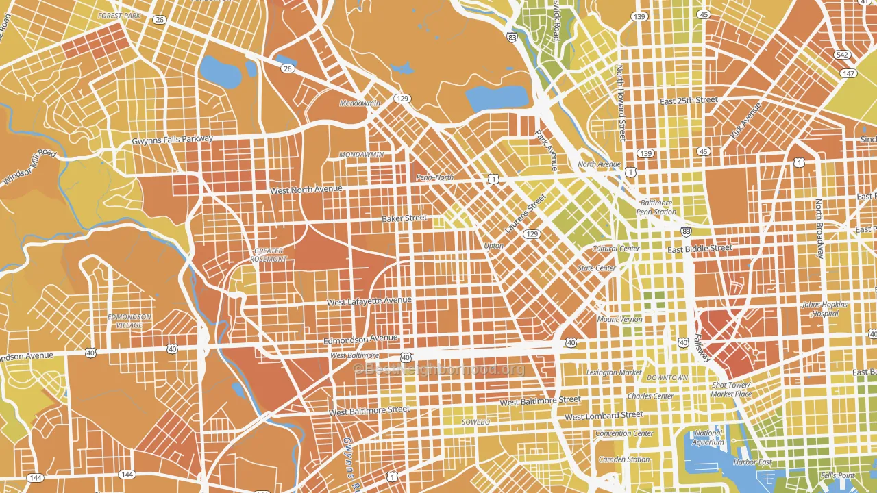 Map of the best neighborhoods in the Sandtown-Winchester, Baltimore area, with better matches in green and worse matches in red