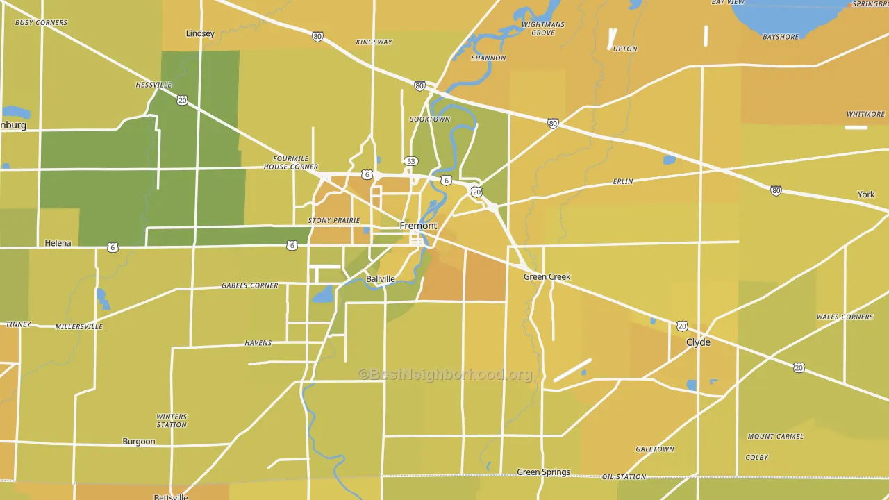 Map of the best neighborhoods in the Sandusky County area, with better matches in green and worse matches in red