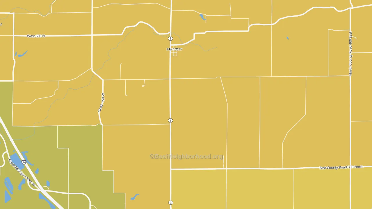 Map of the best neighborhoods in the Sandusky area, with better matches in green and worse matches in red