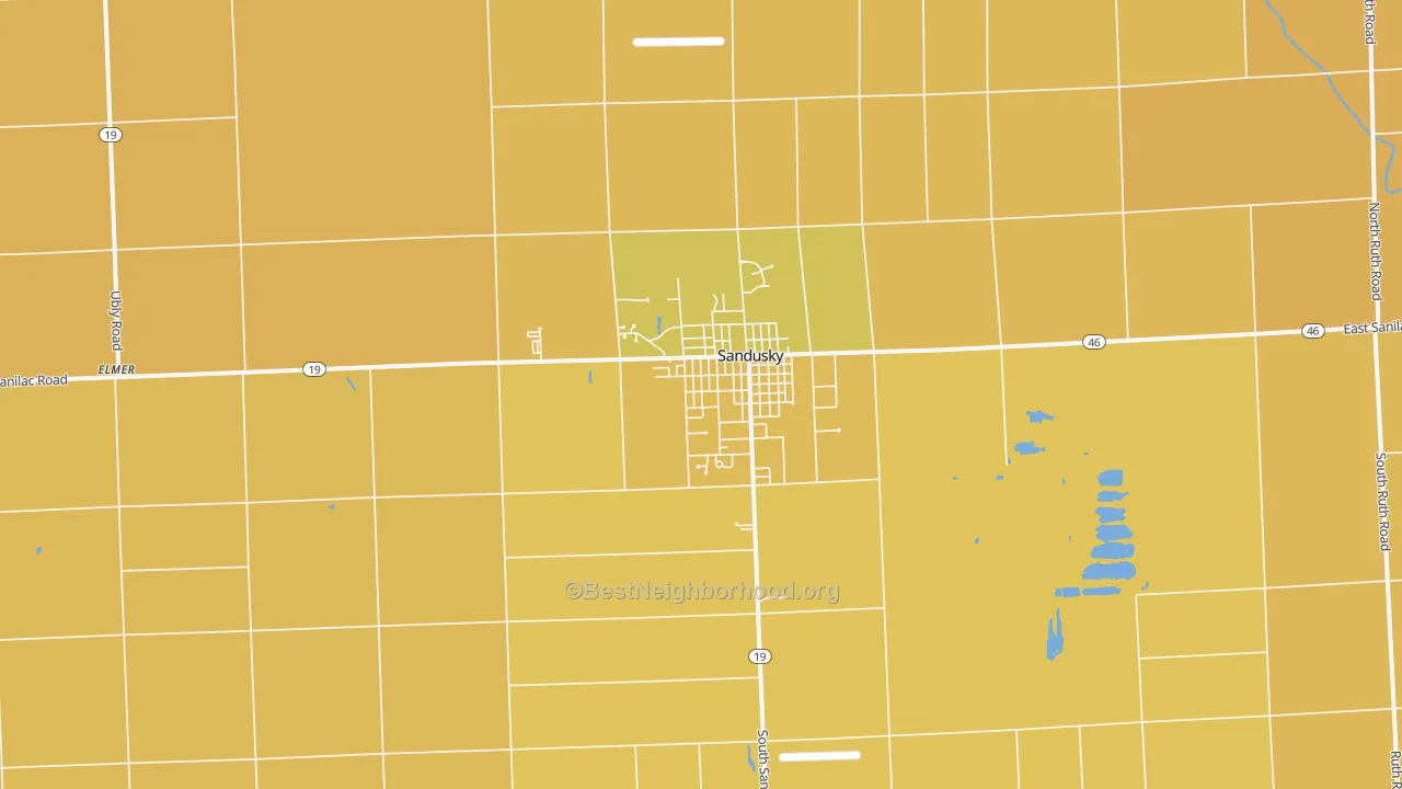 Map of the best neighborhoods in the Sandusky area, with better matches in green and worse matches in red