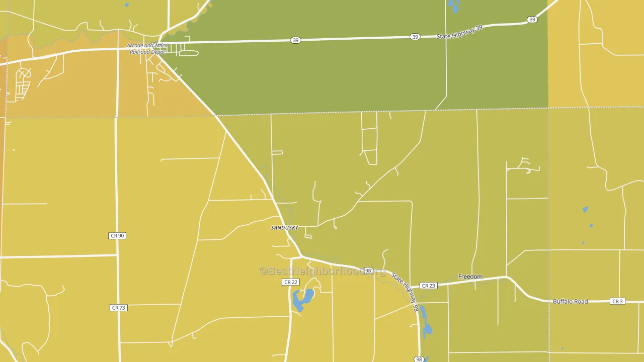 Map of the best neighborhoods in the Sandusky area, with better matches in green and worse matches in red