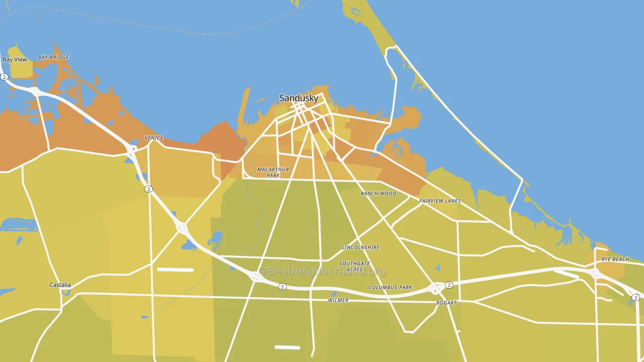 Map of the best neighborhoods in the Sandusky Metro area, with better matches in green and worse matches in red