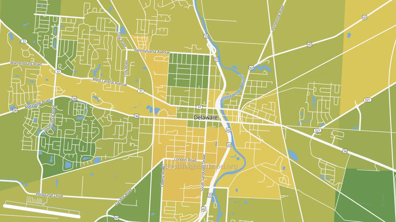 Map of the best neighborhoods in the Sandusky Street Historic District, Delaware area, with better matches in green and worse matches in red