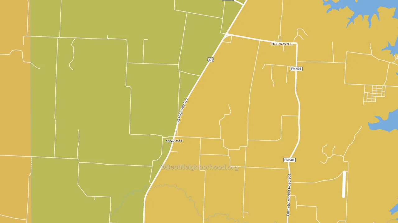 Map of the best neighborhoods in the Sandusky area, with better matches in green and worse matches in red