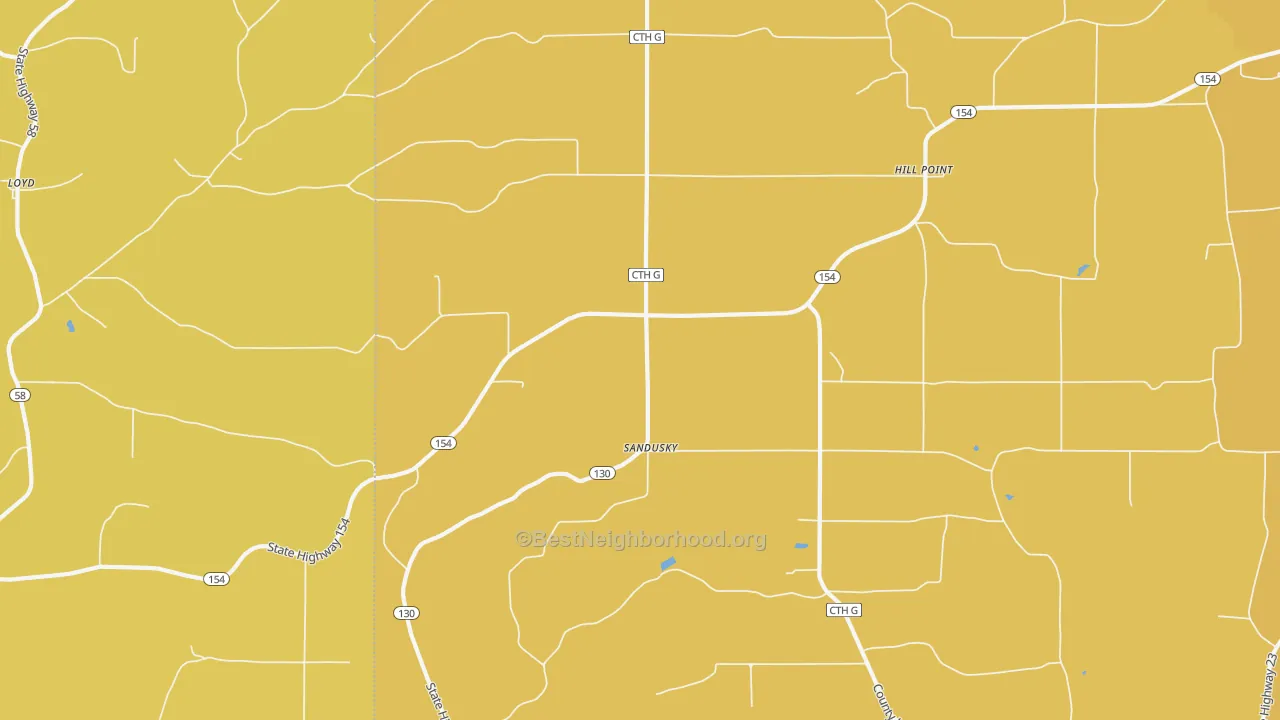 Map of the best neighborhoods in the Sandusky area, with better matches in green and worse matches in red