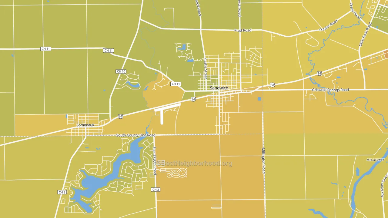 Map of the best neighborhoods in the Sandwich area, with better matches in green and worse matches in red