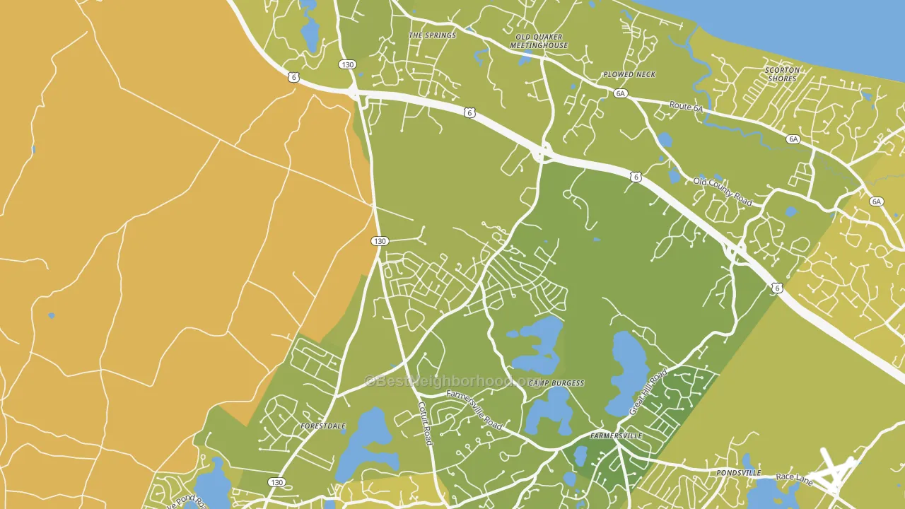 Map of the best neighborhoods in the Sandwich area, with better matches in green and worse matches in red