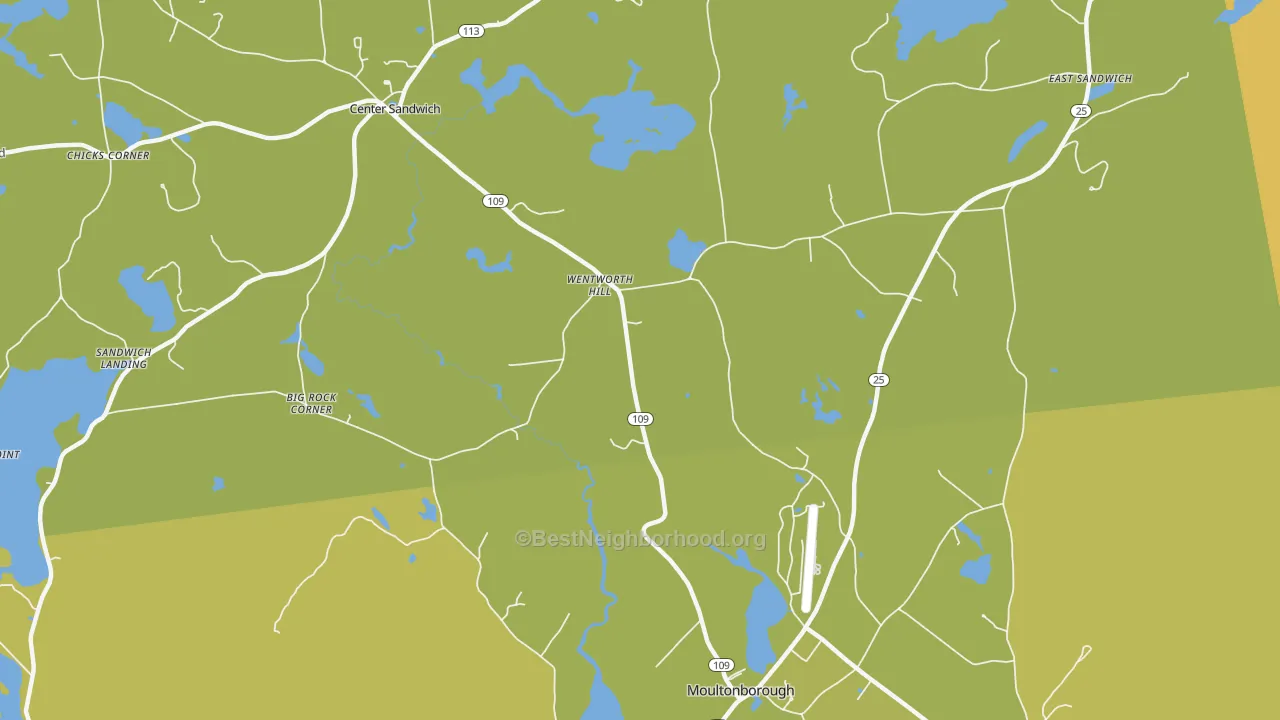 Map of the best neighborhoods in the Sandwich area, with better matches in green and worse matches in red