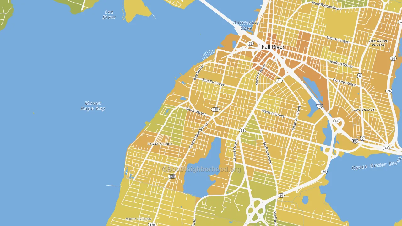 Map of the best neighborhoods in the Sandy Beach, Fall River area, with better matches in green and worse matches in red