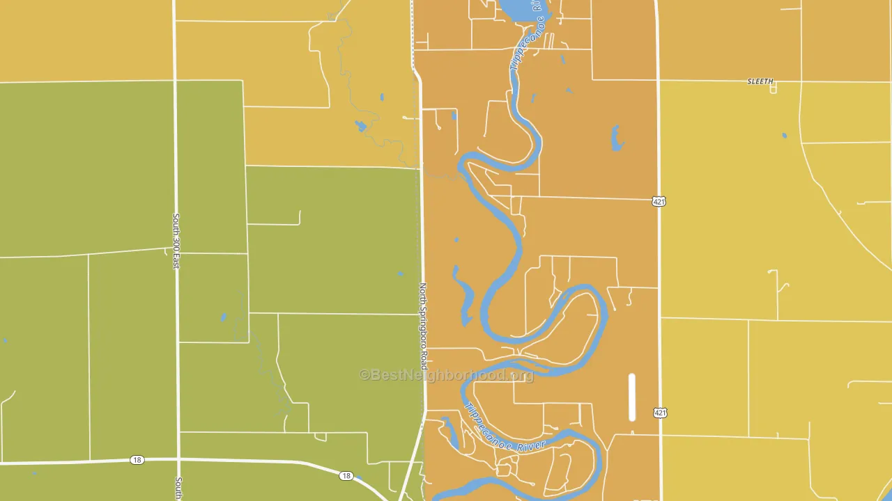 Map of the best neighborhoods in the Sandy Beach area, with better matches in green and worse matches in red